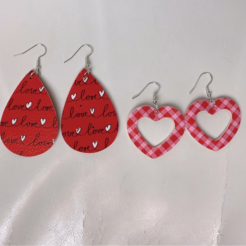*2 Pairs* EARRINGS Red Teardrop & Heart-Shaped Dangle Faux Leather